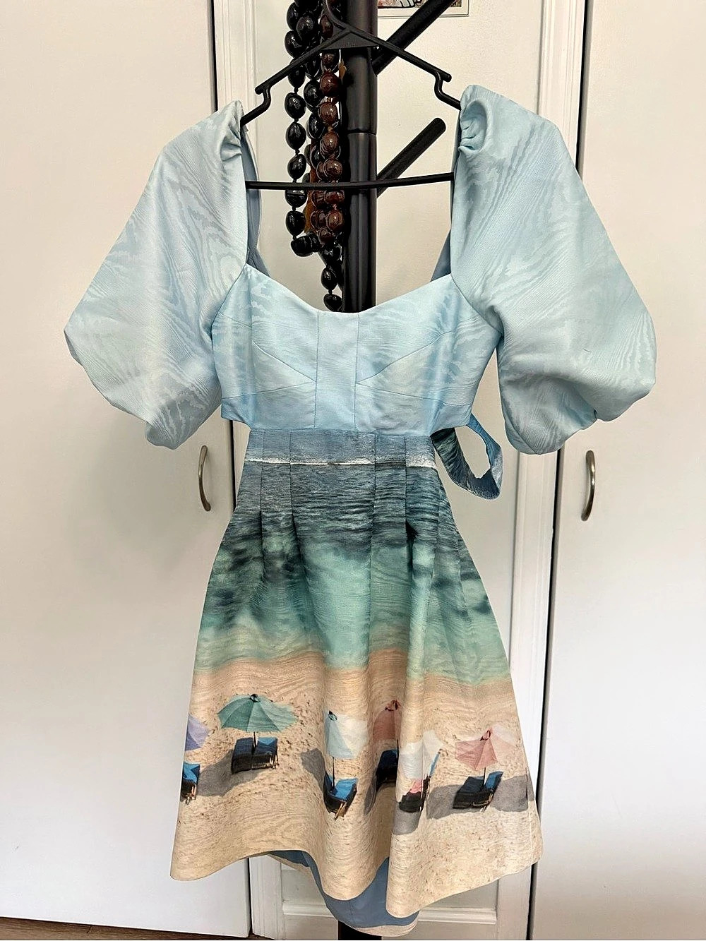 Blue & Beige Puff Sleeve Midi Dress